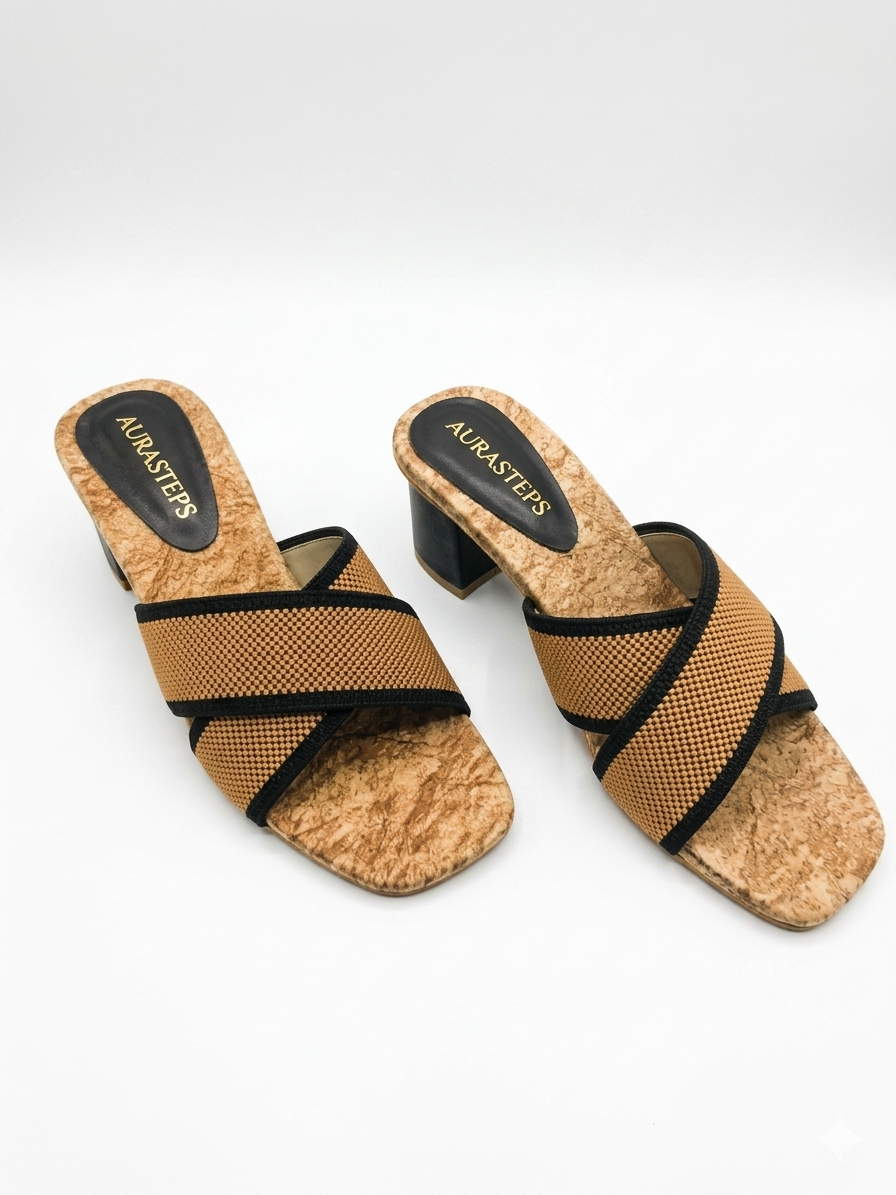AURASTEPS Amber Woven Cross Block Heels