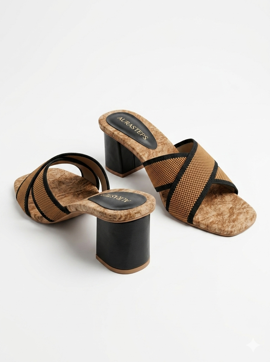 AURASTEPS Amber Woven Cross Block Heels