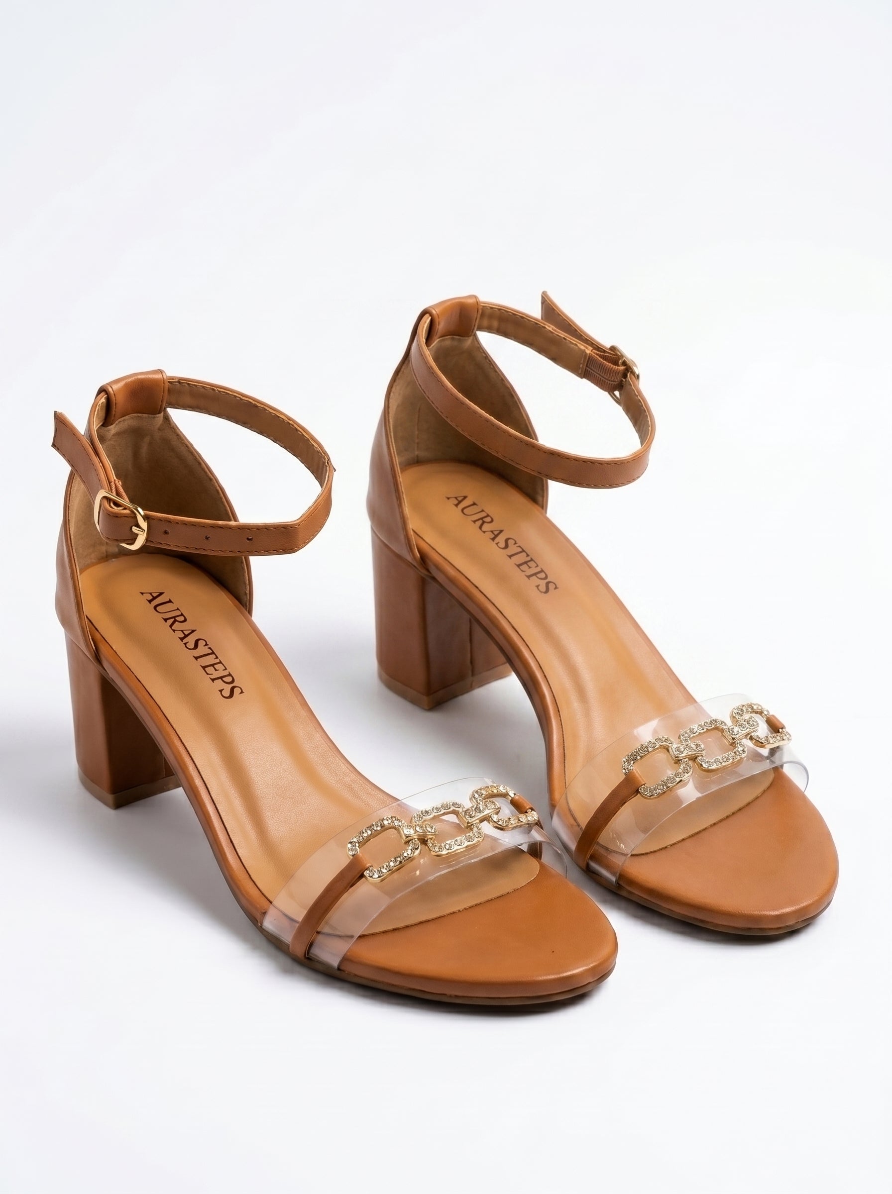 AURASTEPS Amber Chain Clear Block Heels