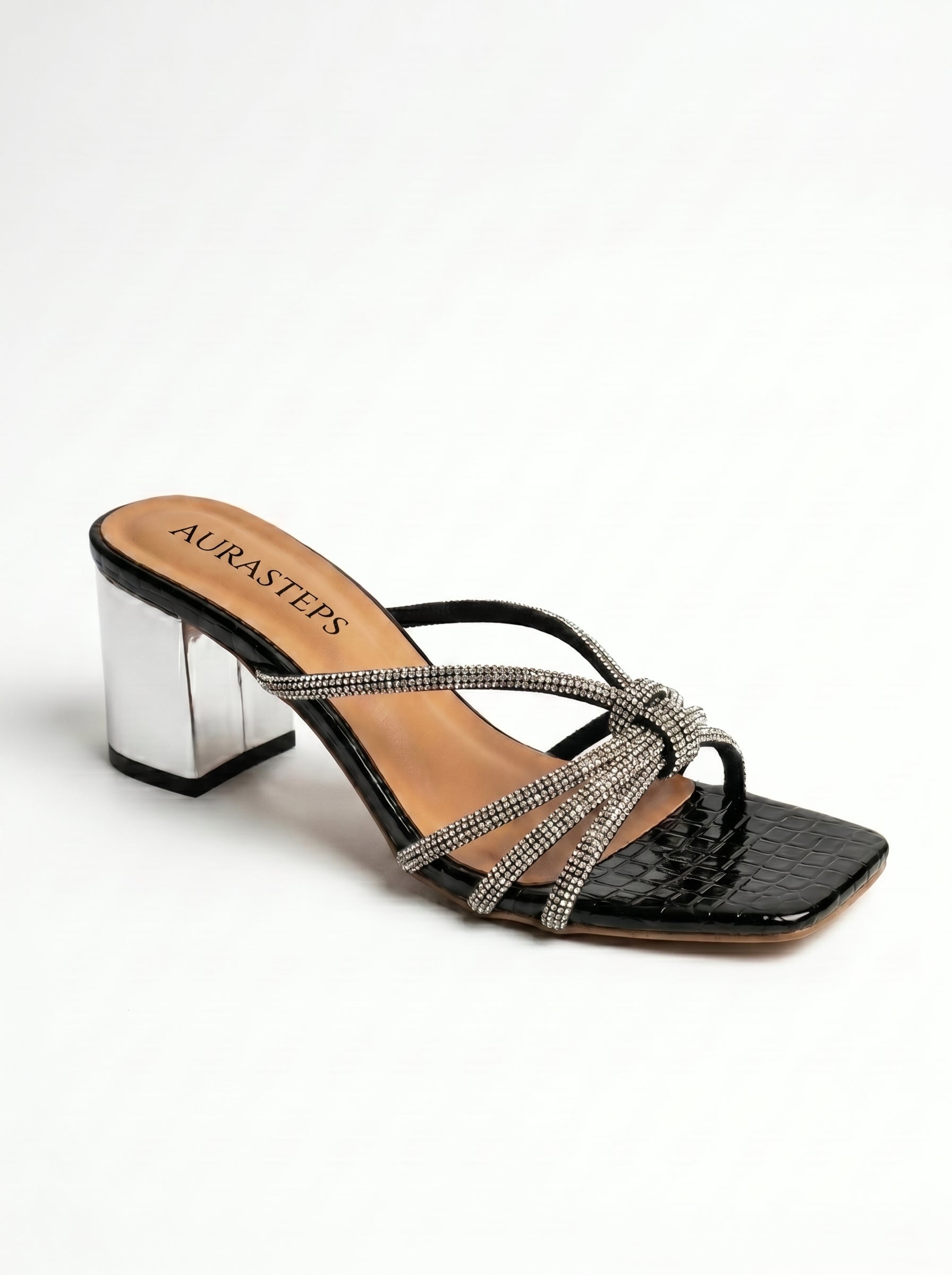 AURASTEPS Midnight Croc Metallic Heels